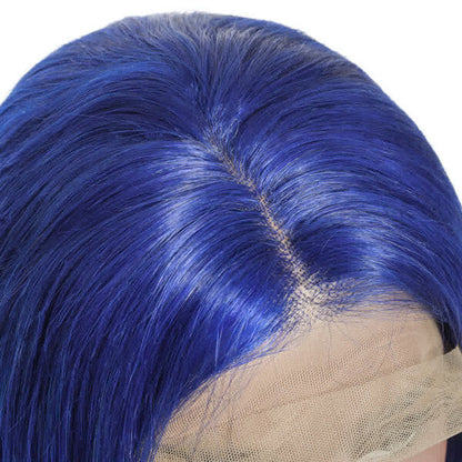 Electric blue Bob 13x4 lace front wig by Peach Epimetheus with custom colored human hair, showcasing vibrant styled hair.