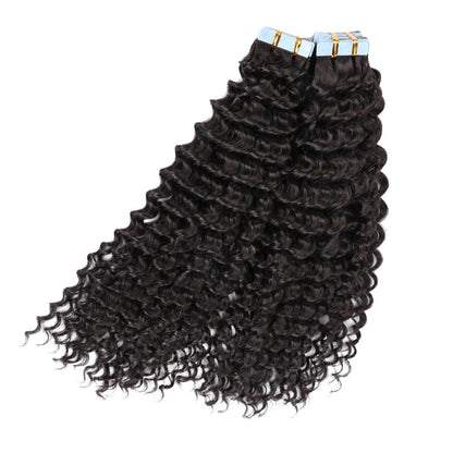 Natural black deep curly tape-in hair extensions by Peach Epimetheus, showcasing long, voluminous, textured hair.