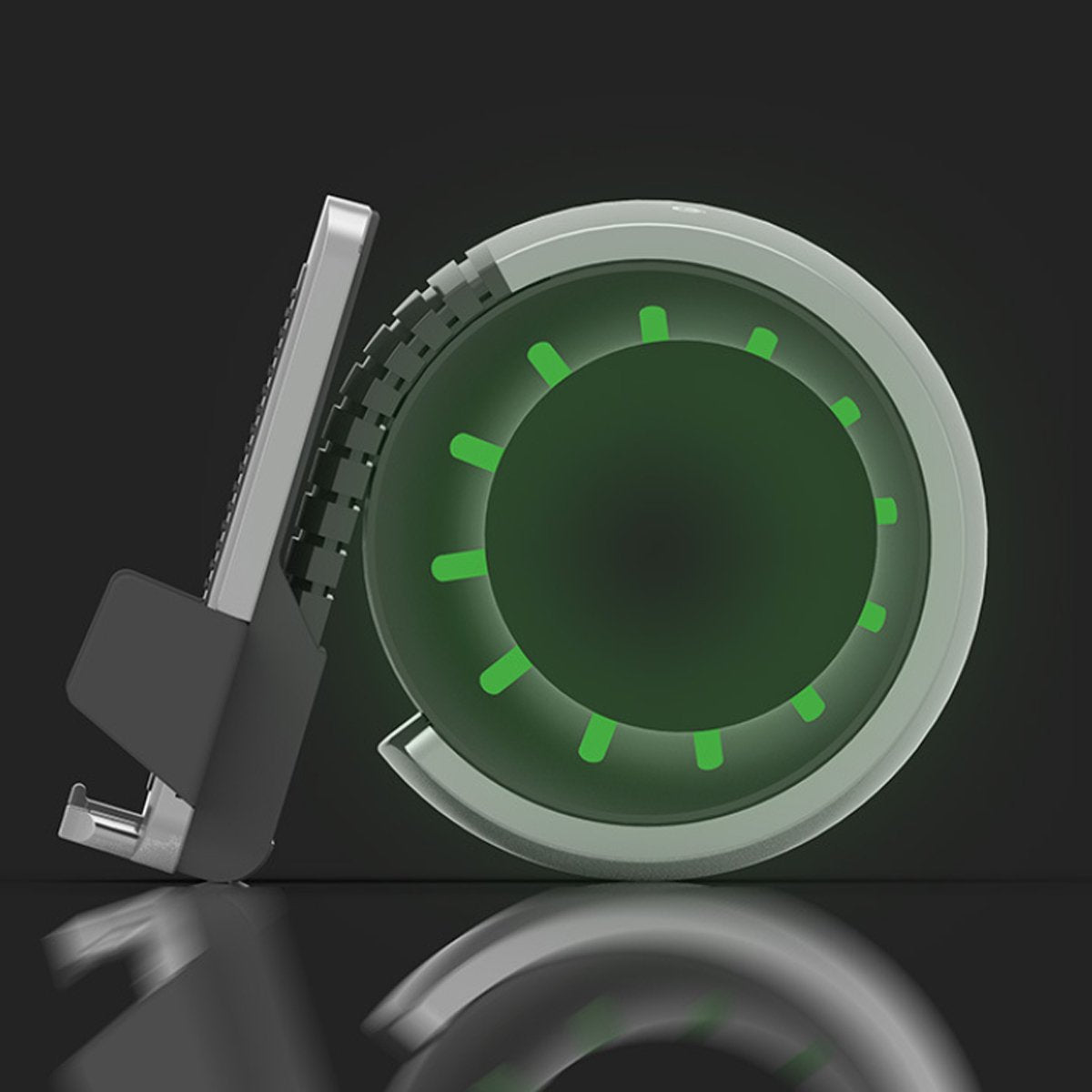 Salmon Lucky Wheel Of Power mobile wireless charger with sleek round design and illuminated charging surface.