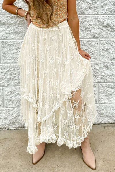 Taupe Oliver Munsieur lace tiered midi skirt for women, featuring elegant lace details and a flowing, tiered design.