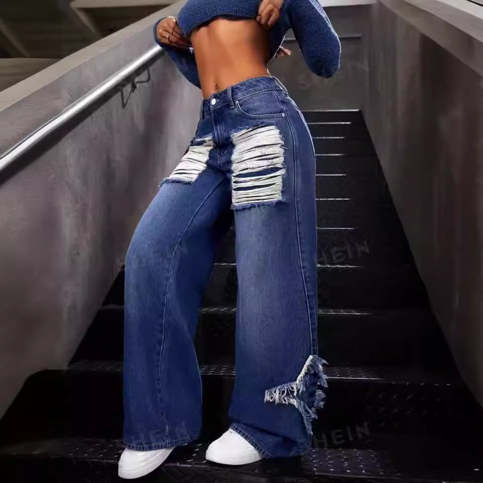 Carmine Juneberry Patch Ripped Street Jeans – Haute Edition, blue distressed denim with rips and patches, casual streetwear style