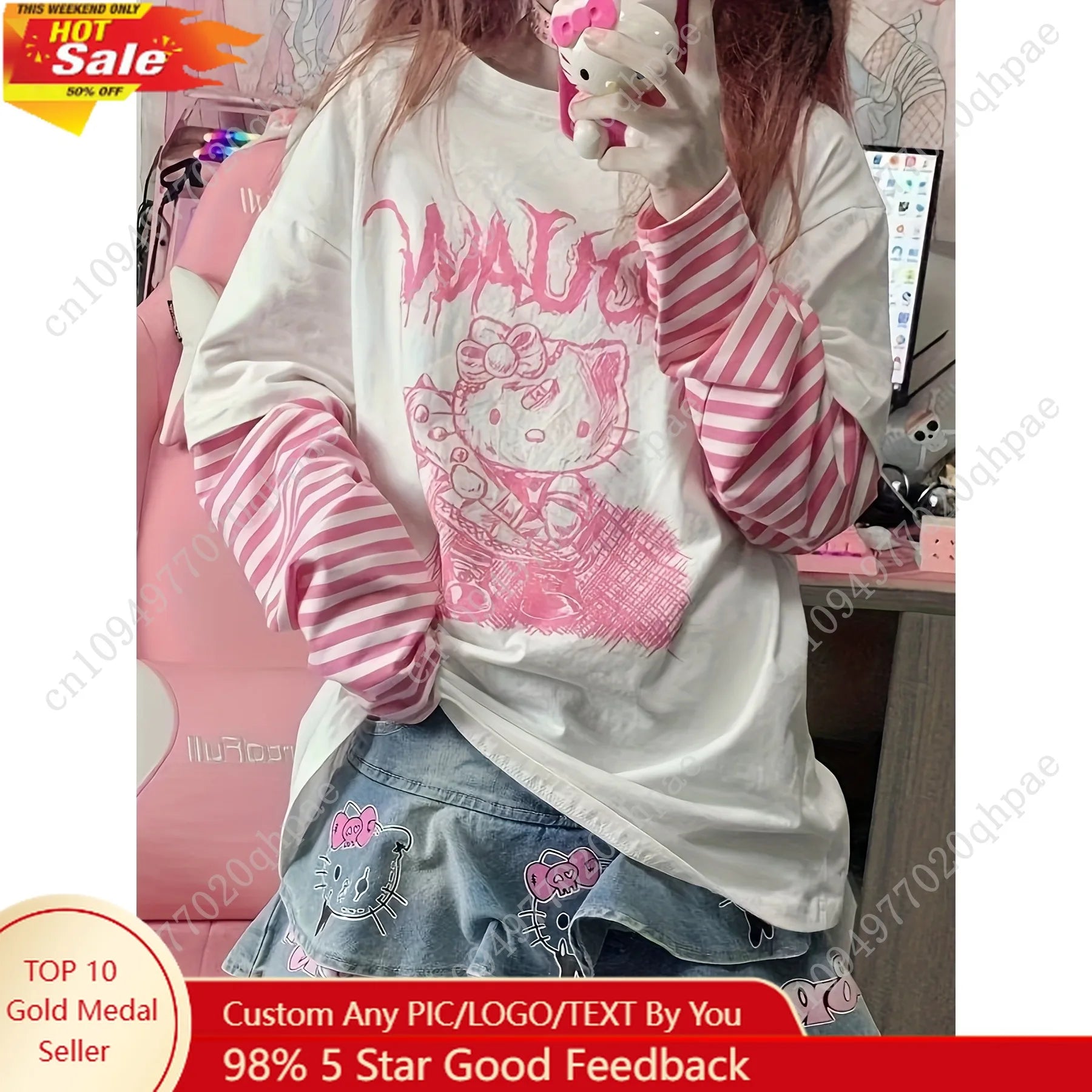 Start2Finish Hello Kitty Japanese sweet-themed long sleeve T-shirt for women, featuring a loose, casual fit with cute Kitty design.