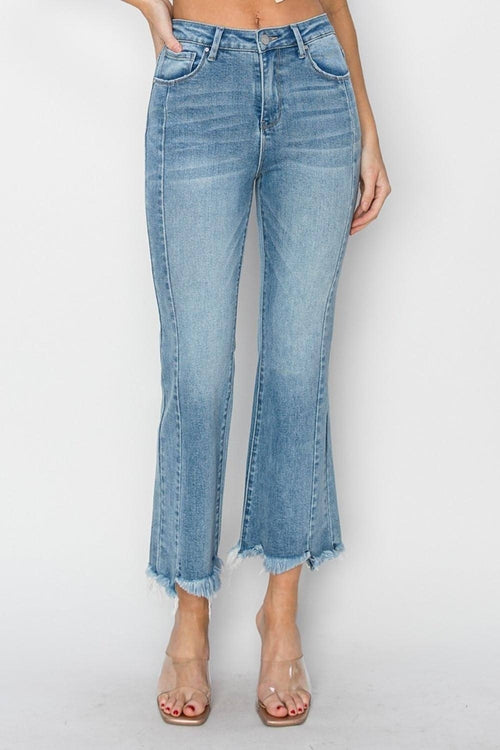 Carmine Juneberry Risen full size high rise flare jeans with frayed hem, showcasing distressed denim and stylish fit.