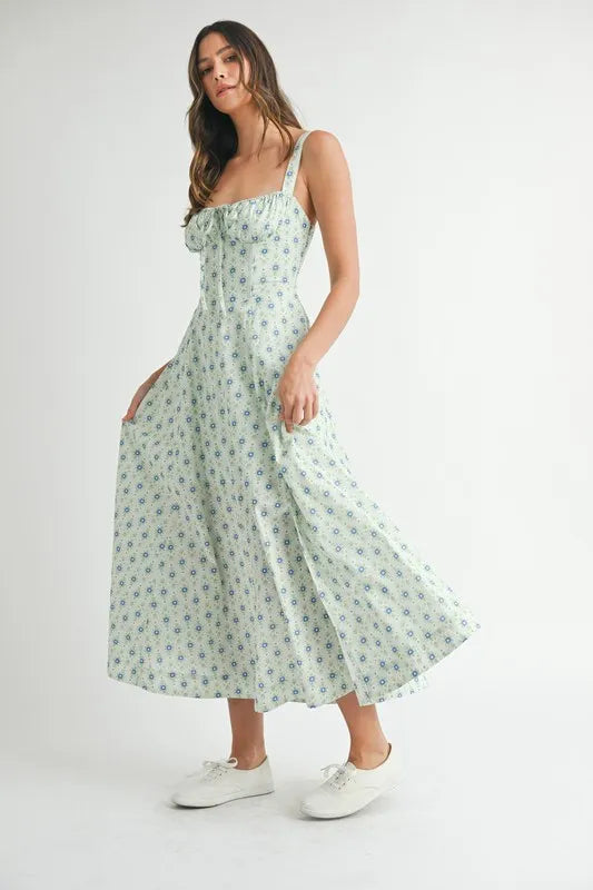 Pear Daisy floral print bustier midi dress with lace-up back, perfect for stylish home or garden occasions.
