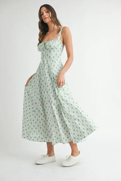 Pear Daisy floral print bustier midi dress with lace-up back, perfect for stylish home or garden occasions.