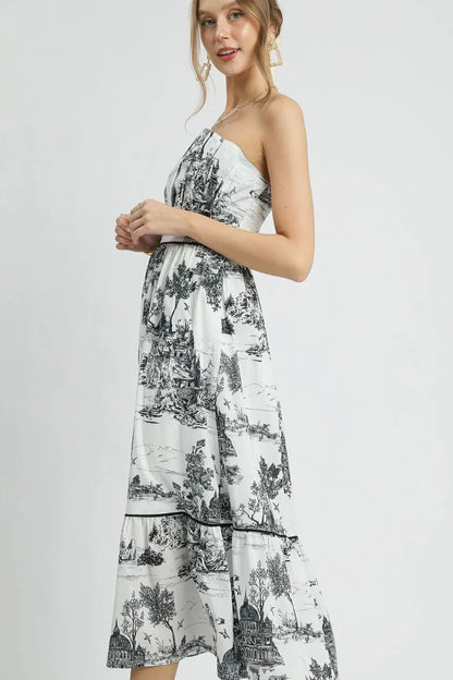 Colorful Umgee printed tiered tube midi dress, stylish women&