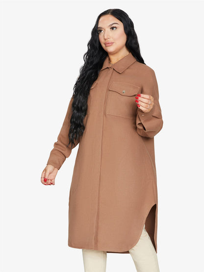 Oversized longline shacket by Rose Eleusis featuring a relaxed fit, button front, and extended length, ideal for layered fall outfits.
