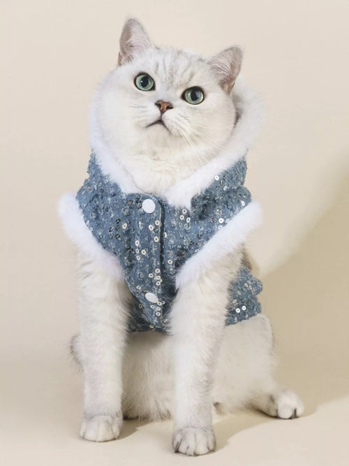 Sequin pet coat with fur trim by Pear Daisy, stylish and cozy for small dogs, featuring shiny sequins and plush fur accents.