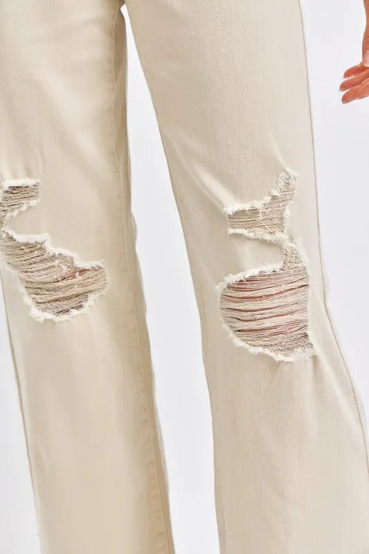Pear Daisy Judy Blue high waist distressed wide leg jeans, full size, showcasing the stylish fit and distressed details.