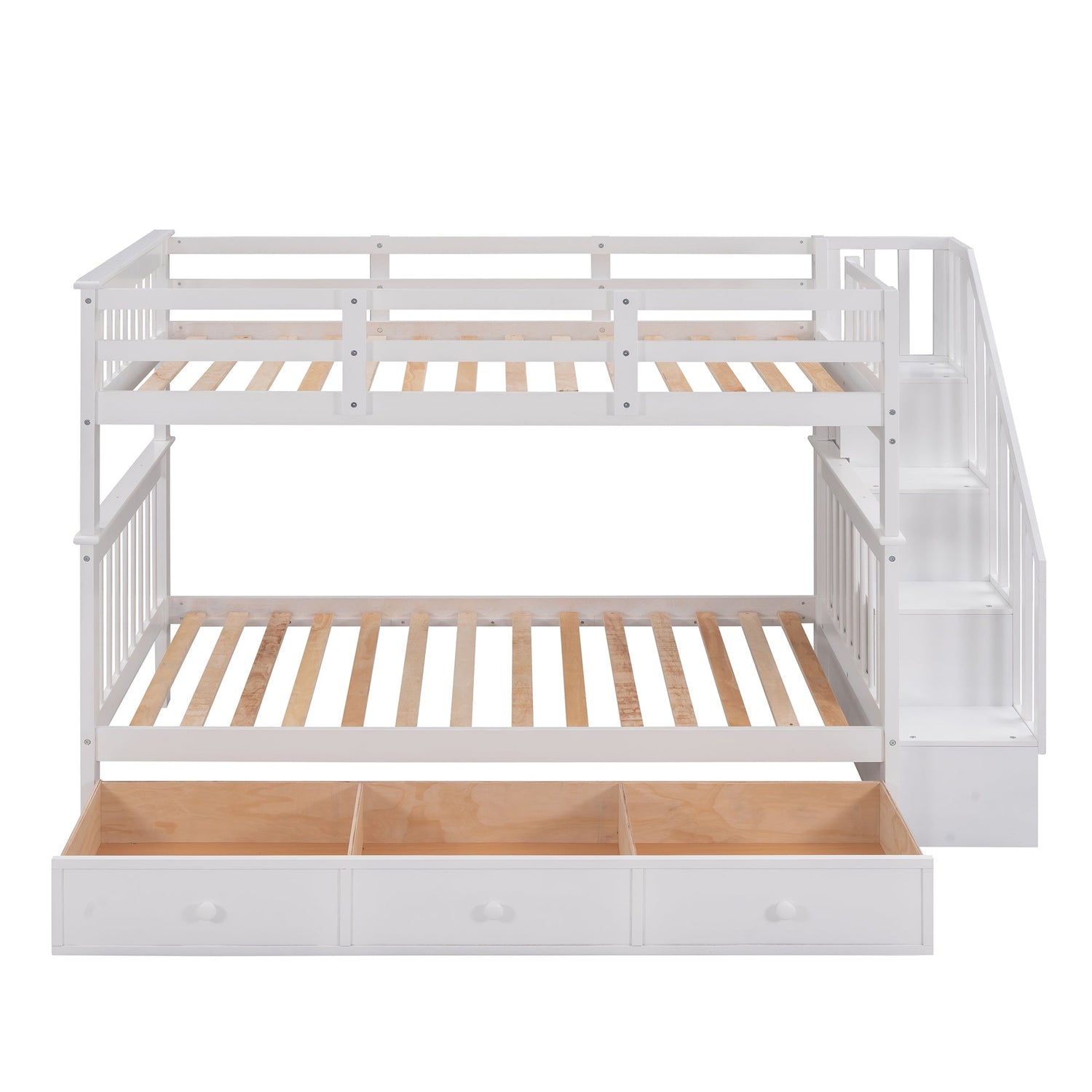 Sangria Beech twin-over-twin bunk bed with three built-in drawers, sturdy wood frame, ideal for bedroom or dorm room.