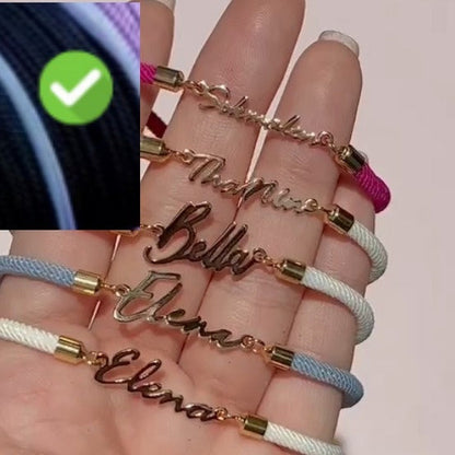 Colorful rope chain bracelet by Pink Lucky with personalized custom name, designed for women, featuring vibrant, intertwined cords.