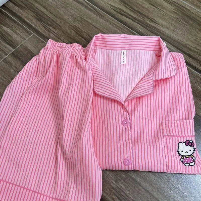 Hello Kitty embroidered summer pajama set for women by Start2Finish, featuring short sleeves, breathable fabric, and comfortable fit.