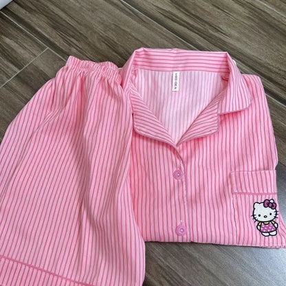 Hello Kitty embroidered summer pajama set for women by Start2Finish, featuring short sleeves, breathable fabric, and comfortable fit.