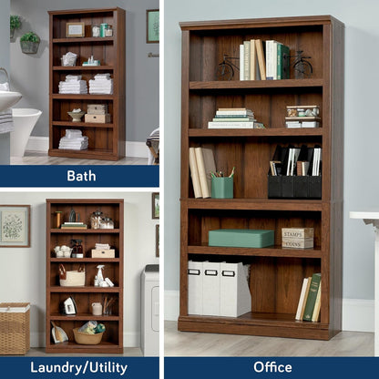 Peach Maple Washington Cherry 5-shelf bookcase with adjustable shelves, showcasing rich cherry finish and sturdy wooden construction.