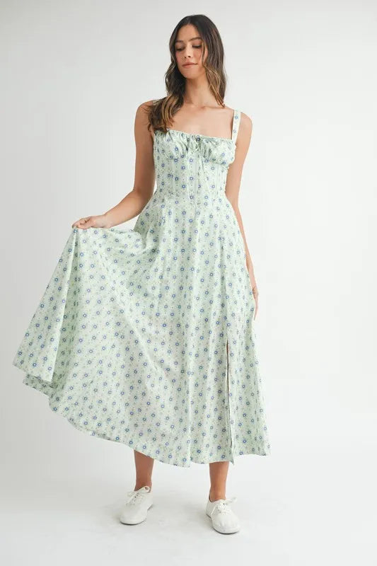 Pear Daisy floral print bustier back lace-up midi dress, perfect for summer events, with feminine floral pattern and fitted style.