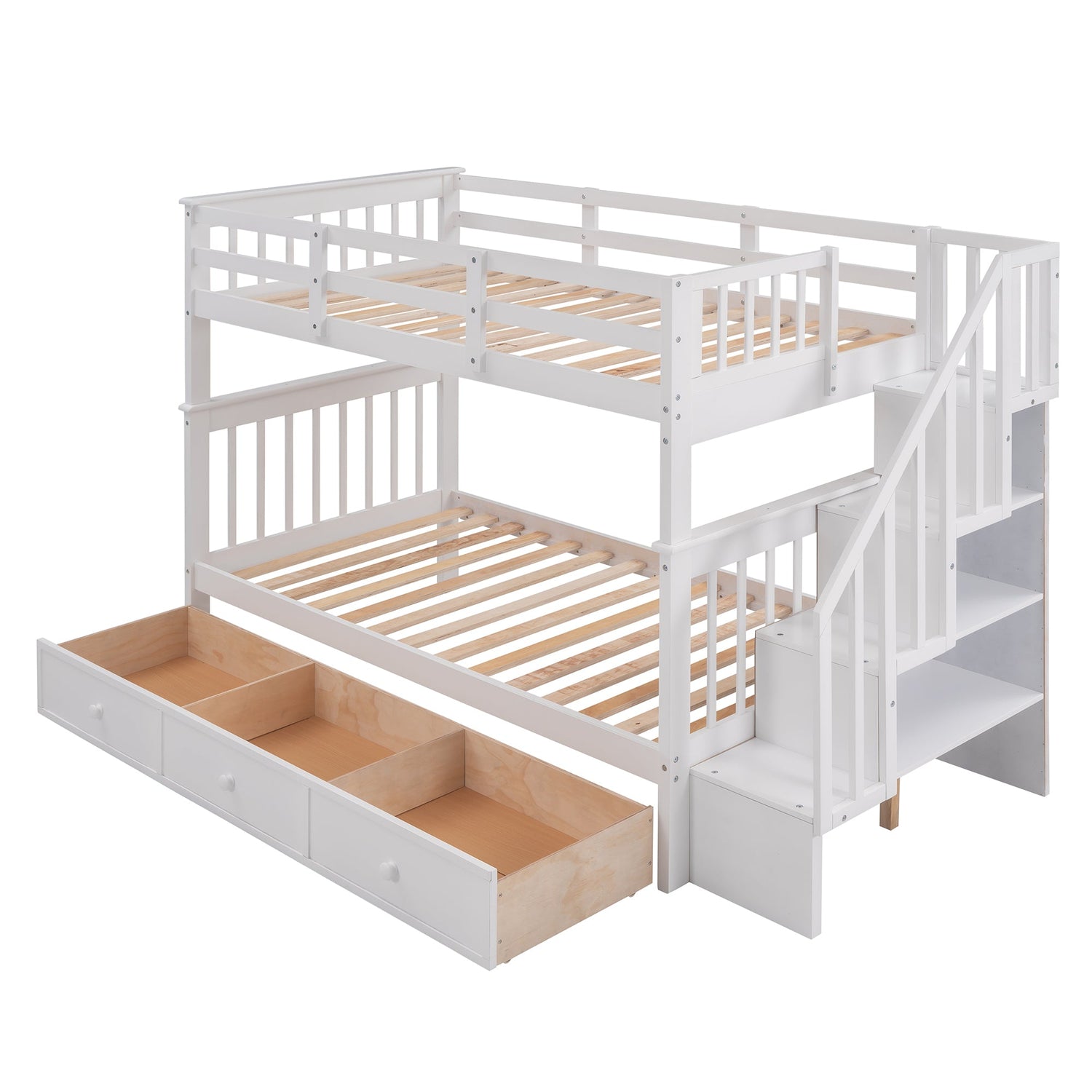 Sangria Beech Twin-Over-Twin Bunk Bed with three built-in drawers, sturdy wood frame, ideal for bedroom or dorm room.