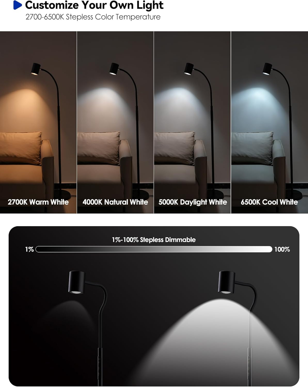 Black 62 Inch LED Dimmable Gooseneck Adjustable Floor Lamp