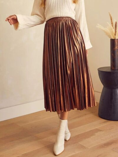 Taupe Oliver pleated midi skirt for women, luxury designer autumn skirt with elegant pleats and sophisticated style.