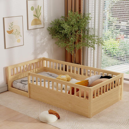 Natural twin Montessori floor bed with high safety rails, Peach Maple furniture for safe, comfortable child sleep.