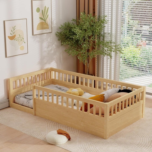 Natural twin Montessori floor bed with high safety rails, made of Peach Maple furniture with a sturdy wooden frame and safety features.