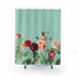 Teal shower curtain with rose garden design from Yellow Pandora, showcasing floral patterns for bathroom decor.