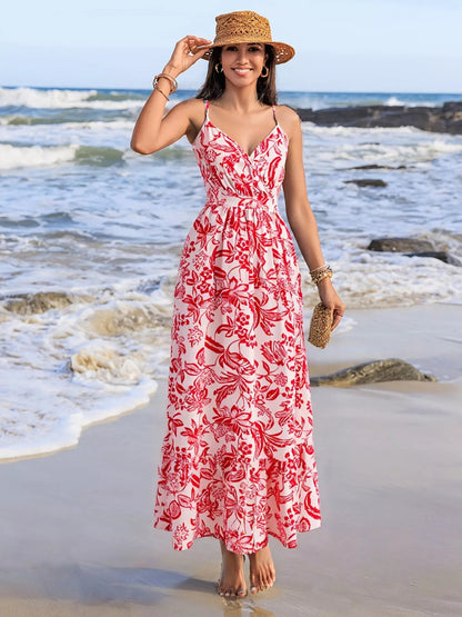 Printed spaghetti strap midi dress by Pear Daisy, lightweight with floral pattern, perfect for summer or casual wear.