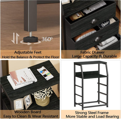 Black night stand with three fabric drawers and a two-tier shelf, Peach Maple furniture piece for bedroom storage.