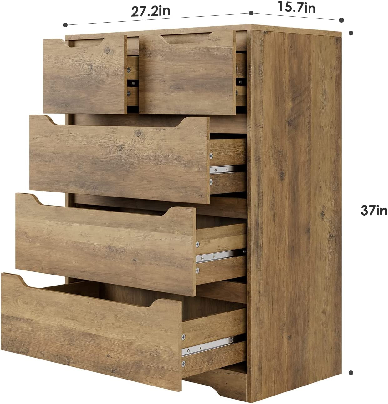 Rustic brown Peach Maple 5-drawer dresser for bedroom storage and organization, featuring classic wooden furniture design.