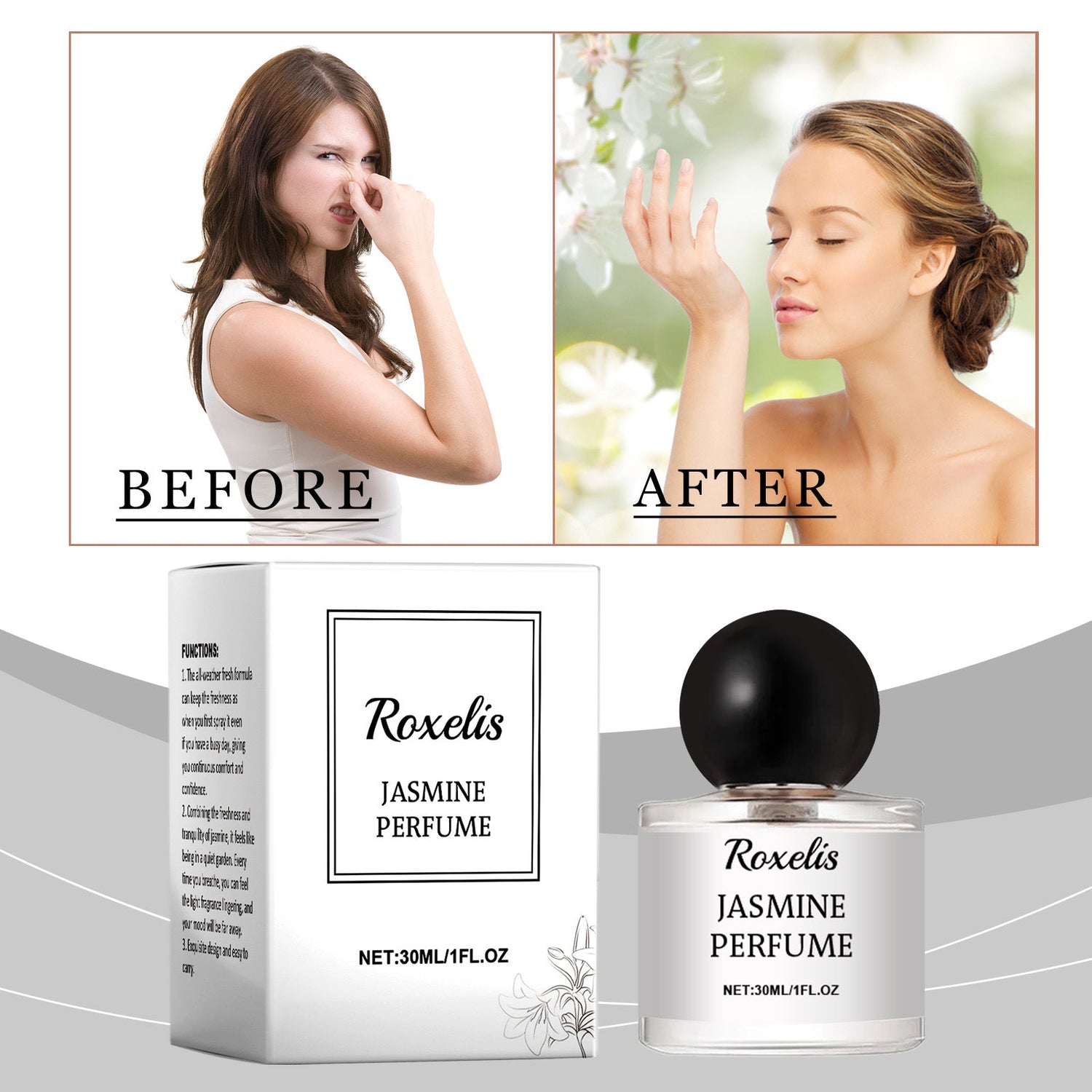 Carmine Juneberry Roxelis Jasmine Romantic Party perfume 30ml bodycare bottle with jasmine floral design on label