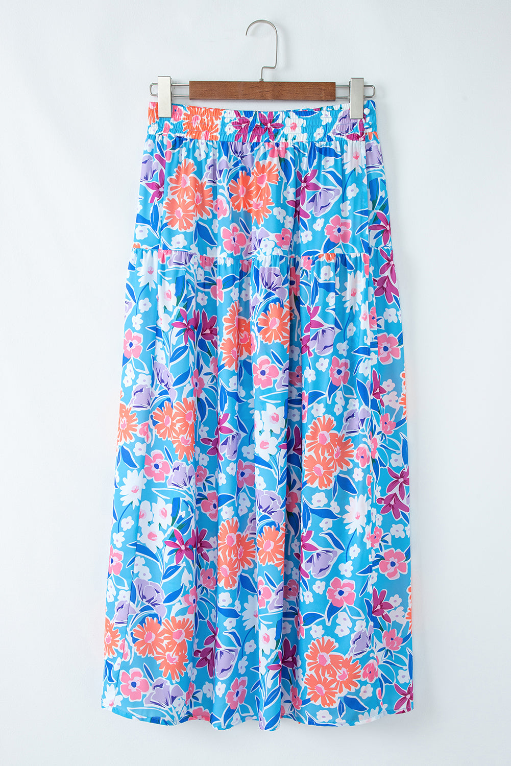 Byzantium Bay floral high waist side split wrap maxi skirt, flowing fabric with vibrant floral pattern, perfect for elegant summer wear.