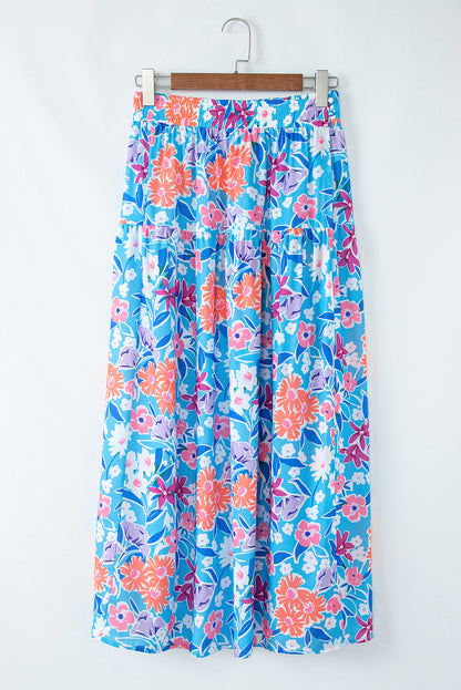 Byzantium Bay floral high waist side split wrap maxi skirt, flowing fabric with vibrant floral pattern, perfect for elegant summer wear.
