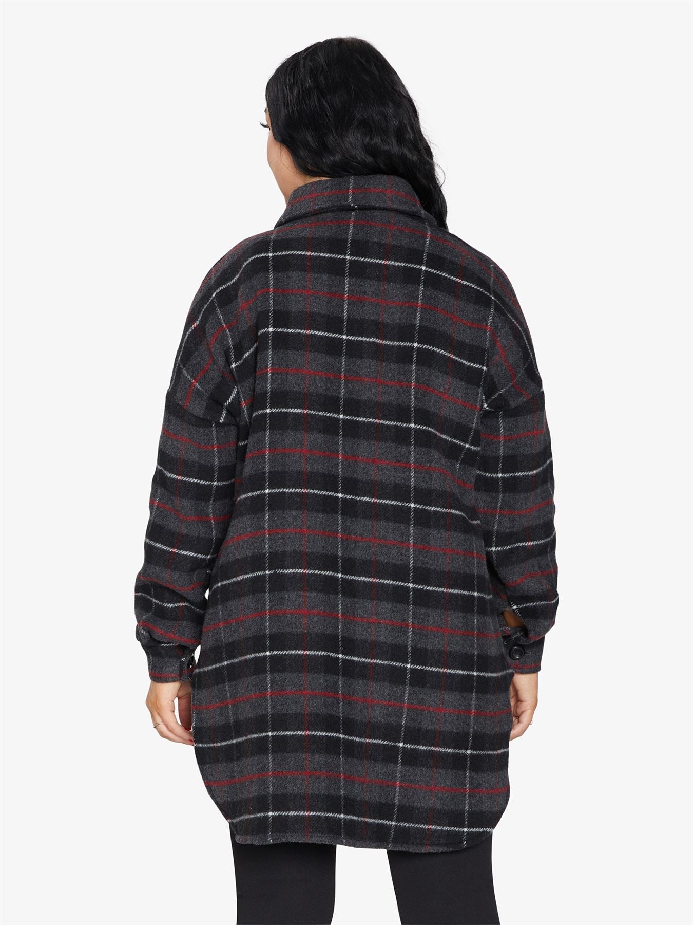 Oversized Rose Eleusis Nova Check wool blend shacket with plaid pattern, button closure, and relaxed fit, worn as a stylish jacket.