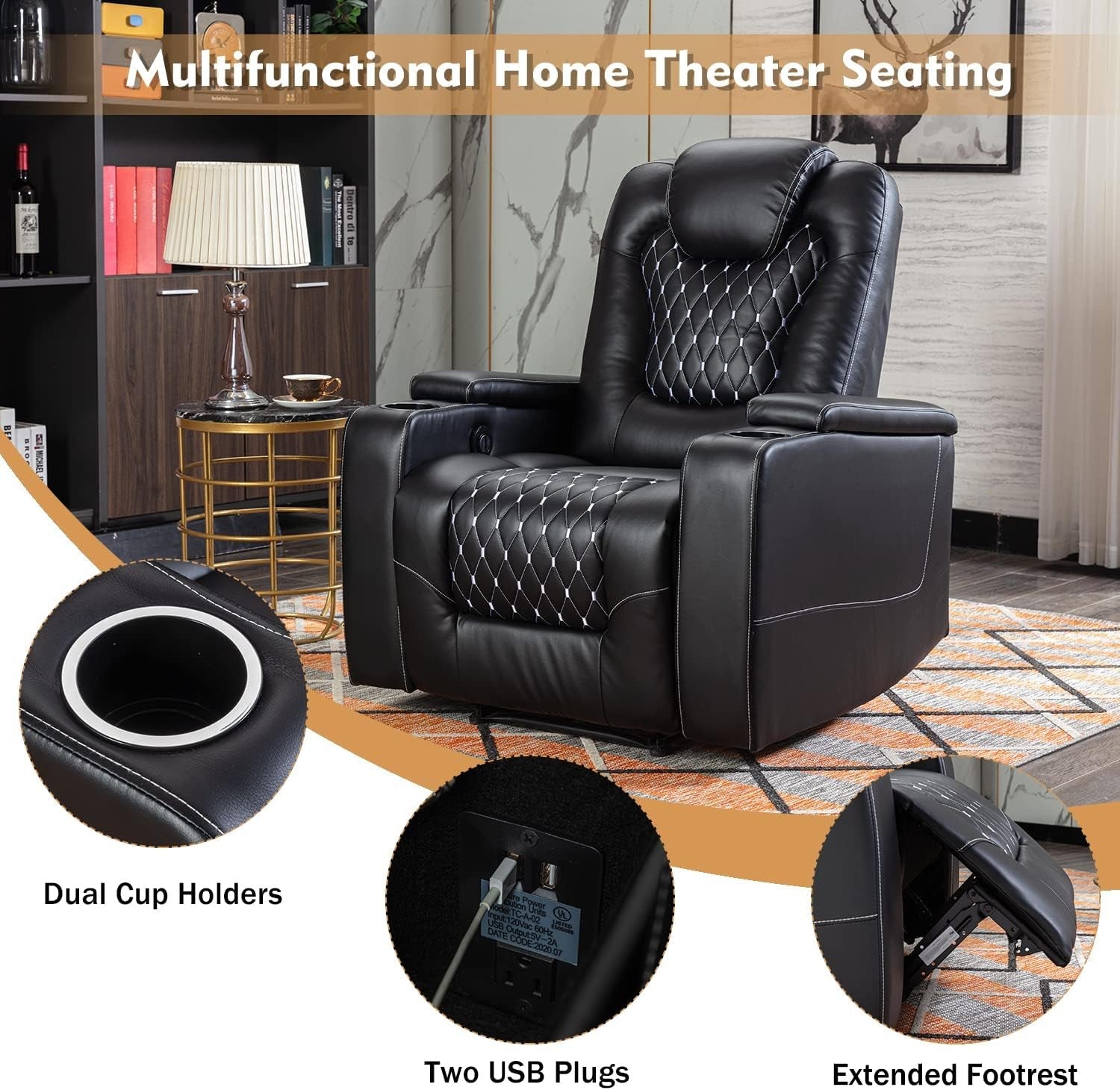 Black Peach Maple power recliner with built-in USB ports and cup holders, featuring plush cushioning and ergonomic design.
