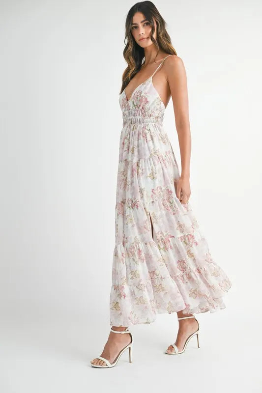 Pear Daisy floral print tiered cami maxi dress with a flowing silhouette and vibrant floral pattern, perfect for warm weather.