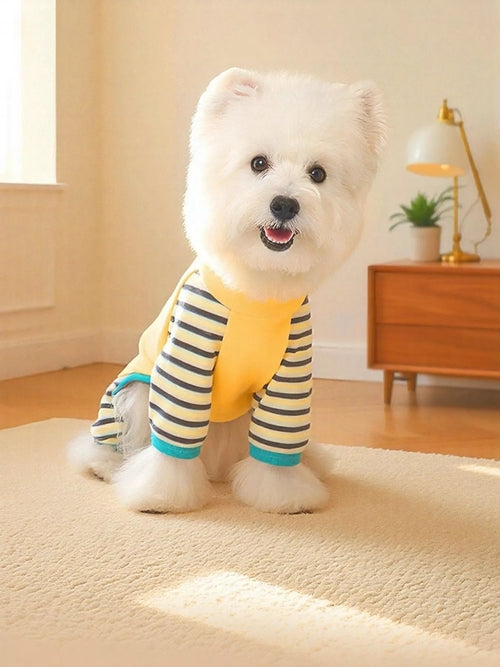Comfortable striped pet jumpsuit from Pear Daisy, featuring cozy fabric and a stylish design for home and outdoor wear.