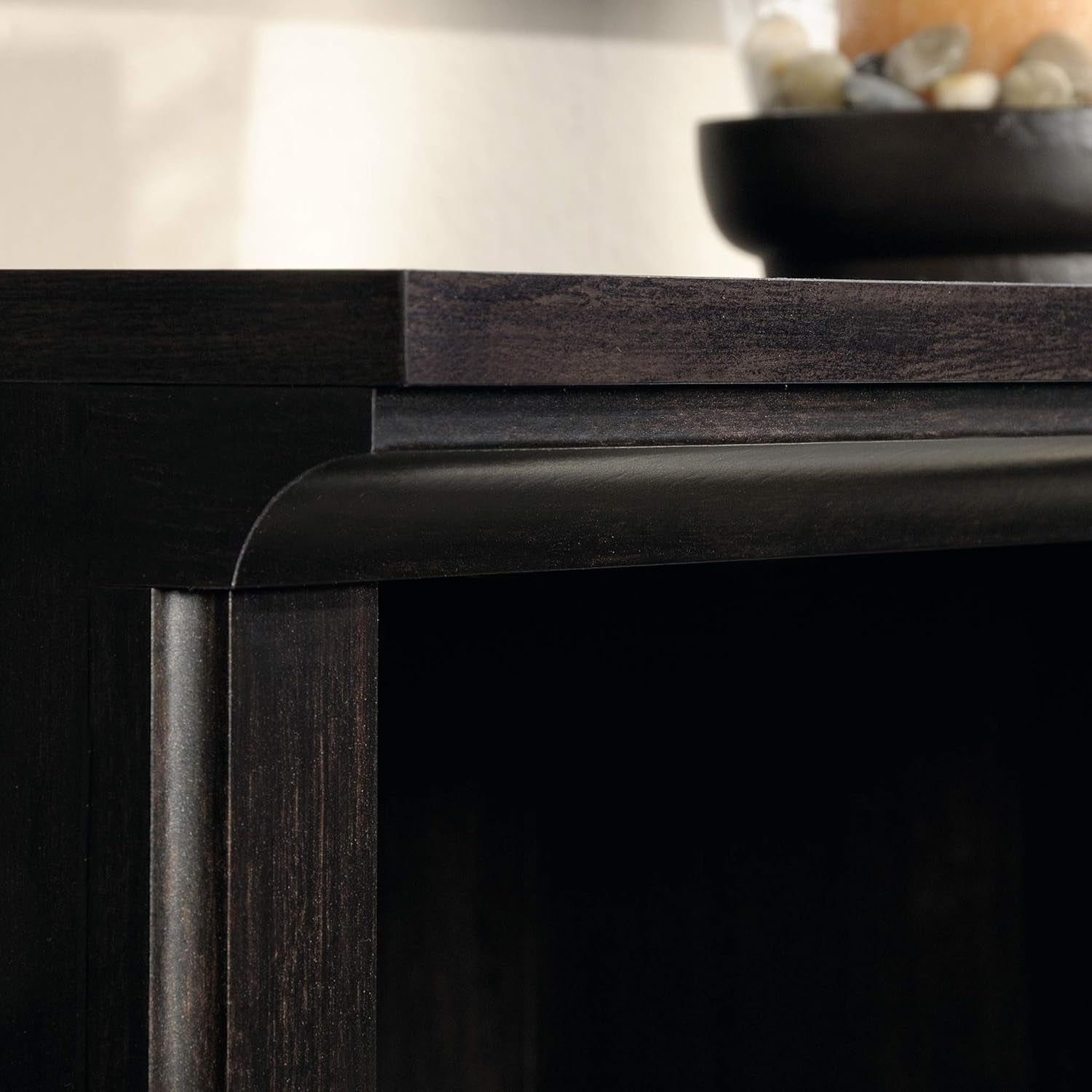 Three-tier wooden book shelf by Peach Maple in estate black with adjustable shelves for versatile storage and display.