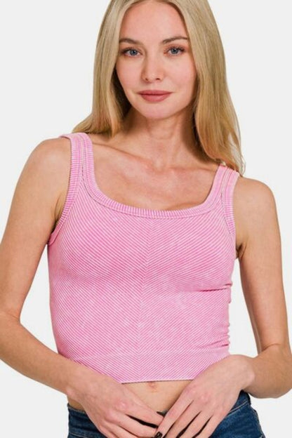 Jade Icarus Zenana washed ribbed scoop neck wide strap tank top for women, featuring a fitted ribbed design and wide shoulder straps.