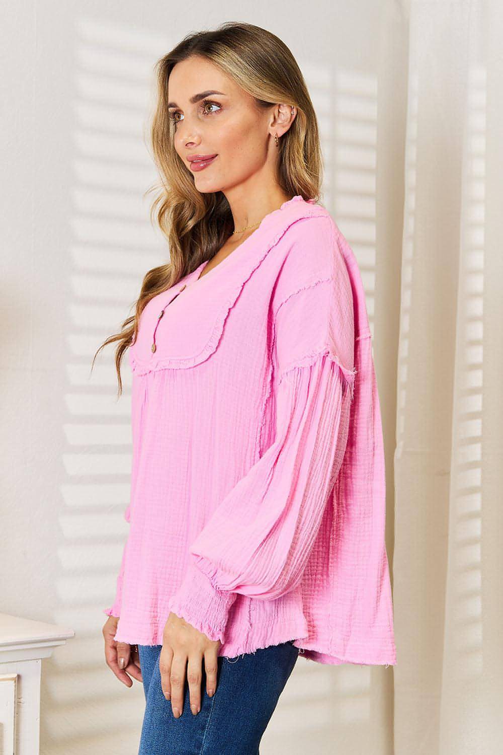 Carmine Juneberry Double Take exposed seam buttoned notched neck blouse, stylish tops and blouses with seam details and button accents.