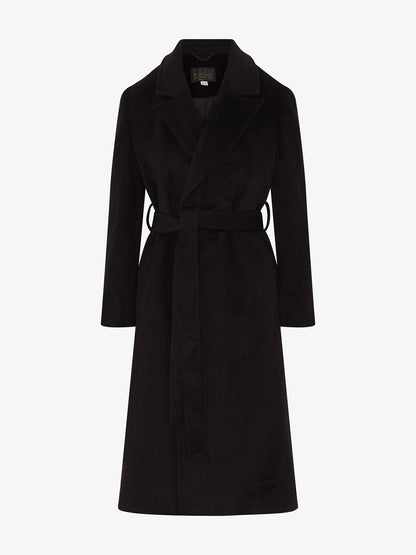 Rose Eleusis belted longline duster coat, stylish jacket with belt and long silhouette, perfect for layered winter fashion.
