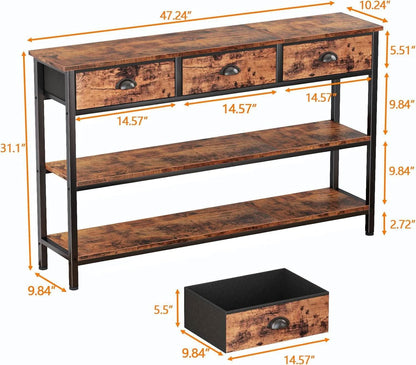 47-Inch Rustic Brown Console Table with 3 Drawers and Storage Shelves