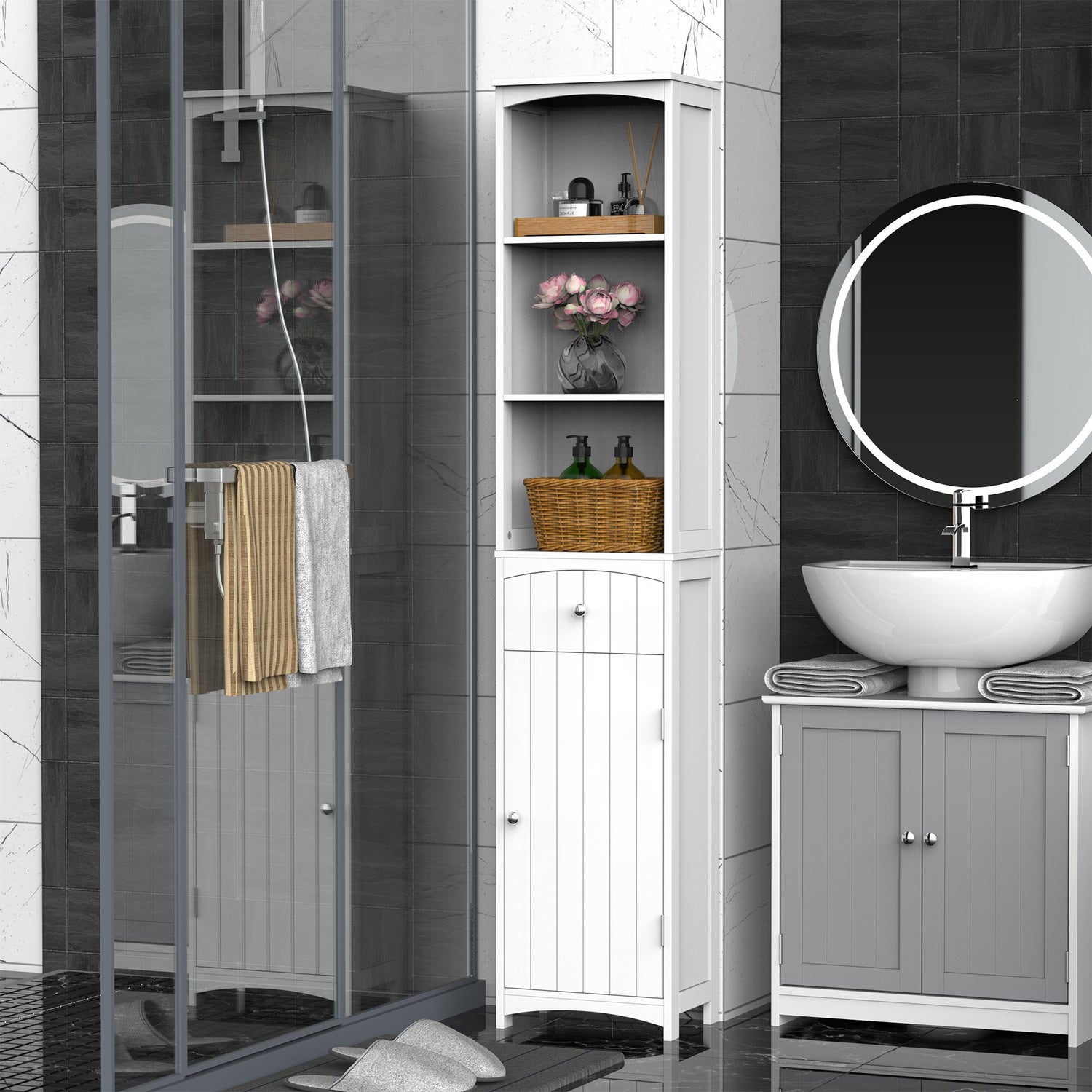 Tall wooden bathroom cabinet by Taupe Shadow with multiple storage compartments for home, kitchen, or bedroom organization.
