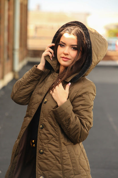 Rose Eleusis quilted longline hooded coat with a single-breasted design, featuring a padded, stylish winter jacket.
