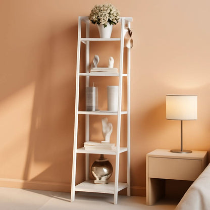 5 Tier White Ladder Shelf Bookcase With Two Hooks For Corner
