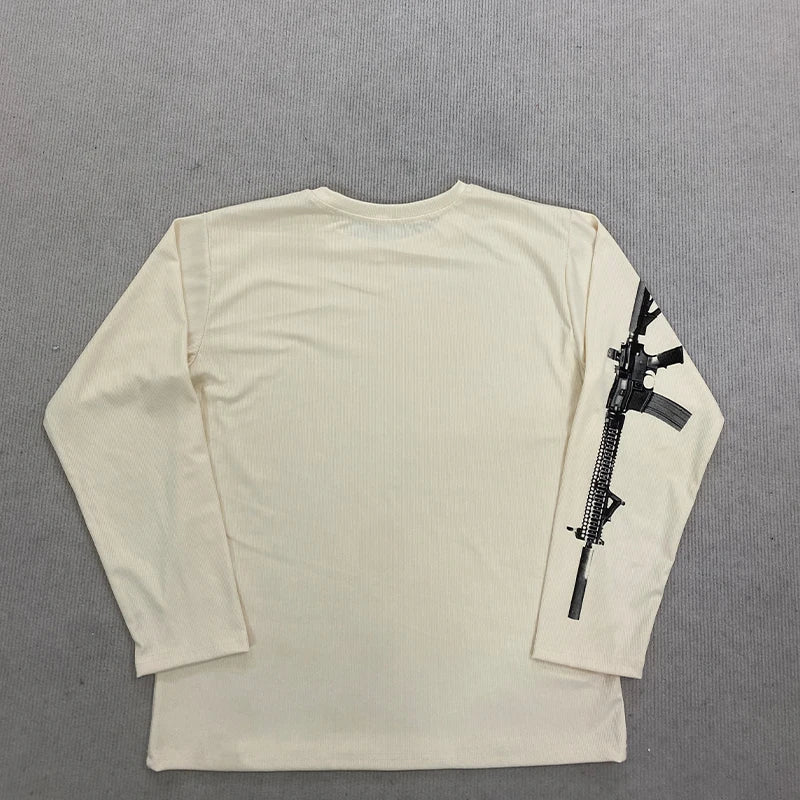 Y2K retro high street style loose gun color round neck sweater by Start2Finish with gothic punk rock cartoon design, casual Harajuku fashion