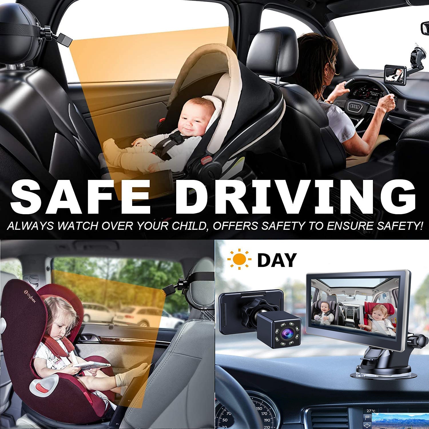Maroon Asteria car infant baby infrared night vision rearview mirror installed on vehicle interior for enhanced rear visibility.