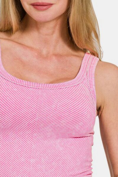 Jade Icarus Zenana washed ribbed scoop neck wide strap tank top for women, in a casual, ribbed fabric with wide shoulder straps.