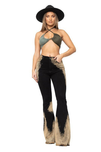 Jade Icarus Bleach Bum Bell Bottom pants with 30-inch inseam, featuring distressed denim style and wide leg fit.