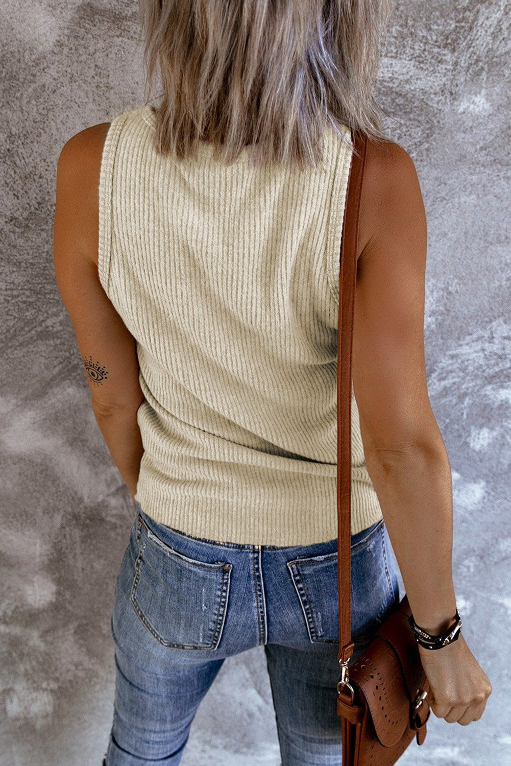 Khaki ribbed tank top for women from Jade, casual sleeveless top with fitted ribbed fabric and round neckline.