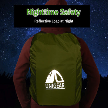 Waterproof Indigo Eurybia backpack rain cover in bright yellow, designed for outdoor hiking and rain protection.