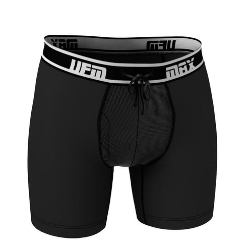 Maroon Mango UFM Boxer Brief 6" made of polyester with MAX support, shown in black, close-up of waistband and fabric texture.